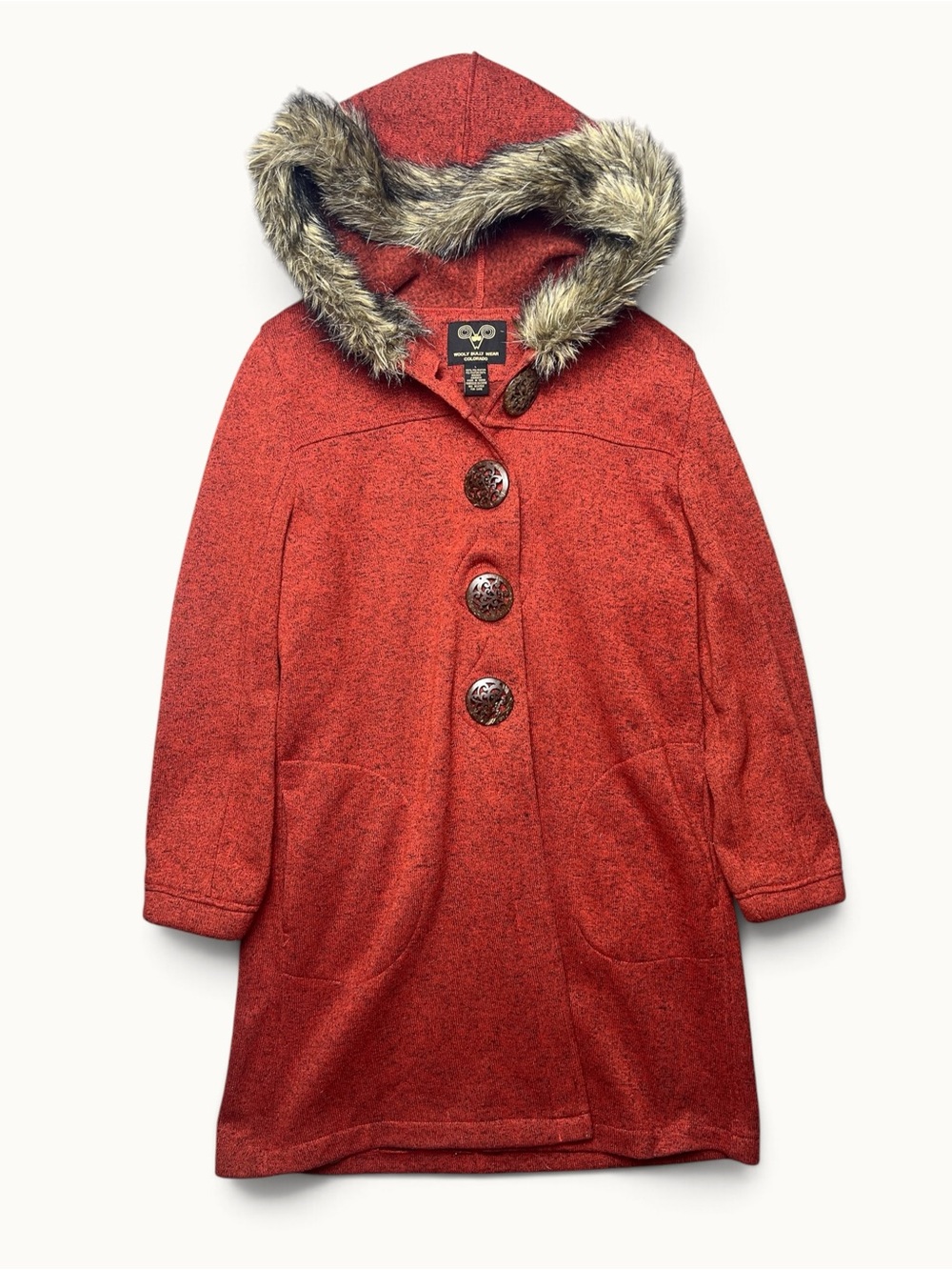 Wooly Bully Wear Colorado Faux Fur Hood Toggle Coat Red Orange Womens L